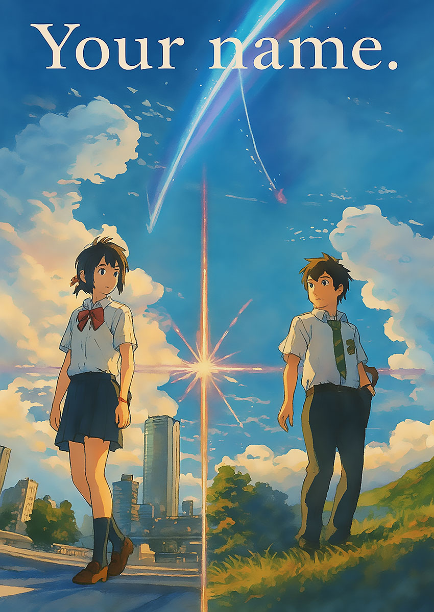 Your Name anime poster featuring Mitsuha and Taki under a dramatic celestial sky